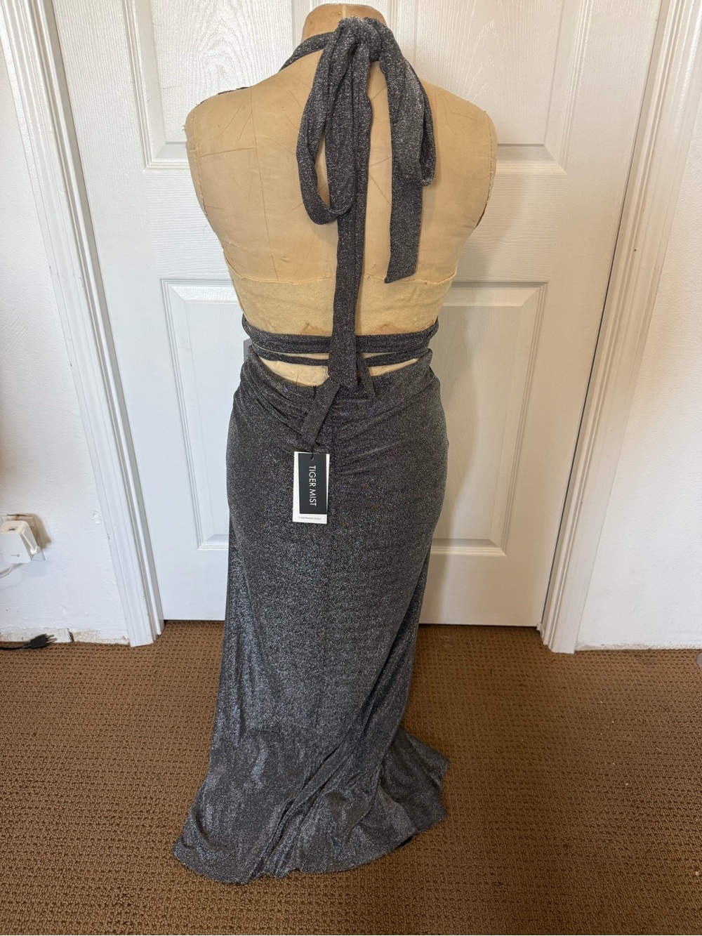 Tiger Mist Sparkle Halter Cutout Maxi Dress in Charcoal - Picture 3 of 6